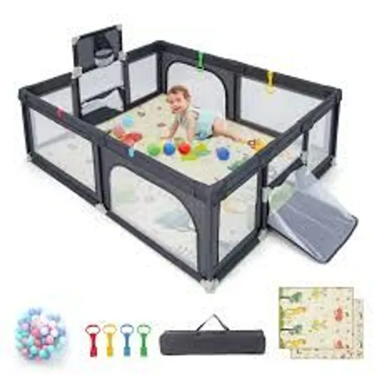 BOXED LARGE BABY PLAYPEN WITH MAT AND OCEAN BALLS - DARK GREY (1 BOX)