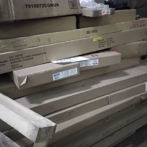 PALLET OF APPROXIMATELY 25 BOXES OF ASSORTED FLATPACK FURNITURE PARTS INCLUDING SIDE UNIT, WARDROBE AND BED PARTS
