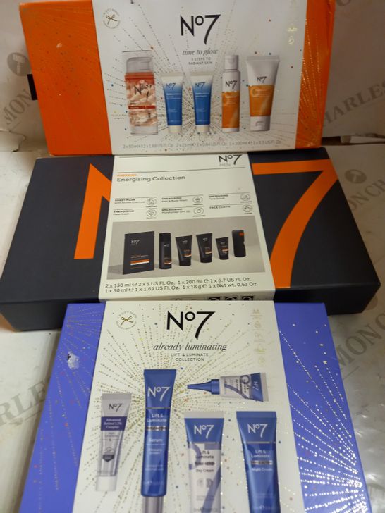 3 X NO. 7 GIFT SETS: ENERGISING FOR MEN; ILLUMINATING FOR WOMEN; TIME TO GLOW FOR WOMEN