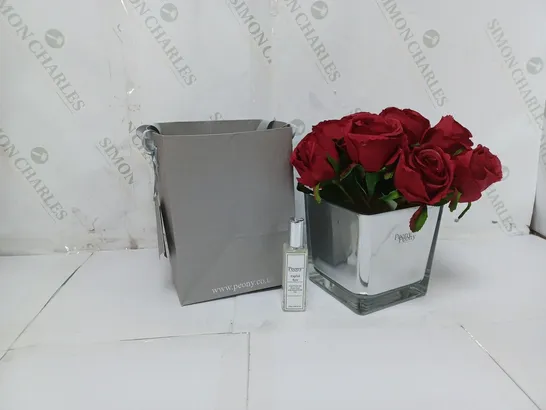 BOXED OUTLET PEONY ROSES IN A SMALL MIRROR GIFT BAG AND 25ML FRAGRANCE