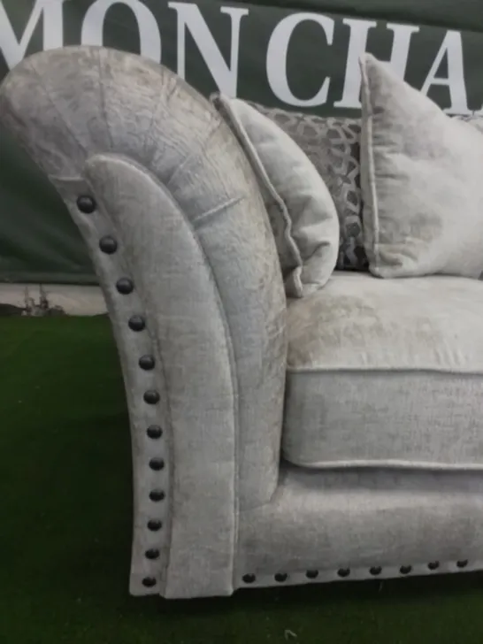 DESIGNER VESPER GREY FABRIC TWO SEATER SOFA WITH STUDDED ARM DETAIL