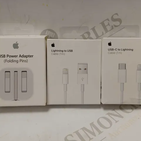 LOT OF 3 ASSORTED APPLE ITEMS TO INCLUDE USB POWER ADAPTER, LIGHTNING TO USB CABLE, USB-C TO LIGHTNING CABLE 