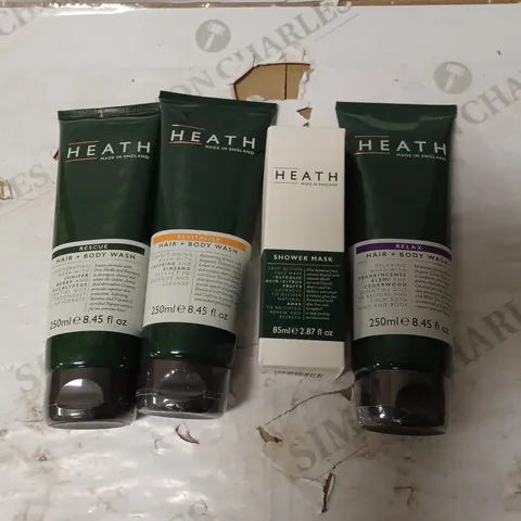 BOX OF 4 HEATH ITEMS TO INCLUDE ASSORTED HAIR+BODY WASH AND SHOWER MASK