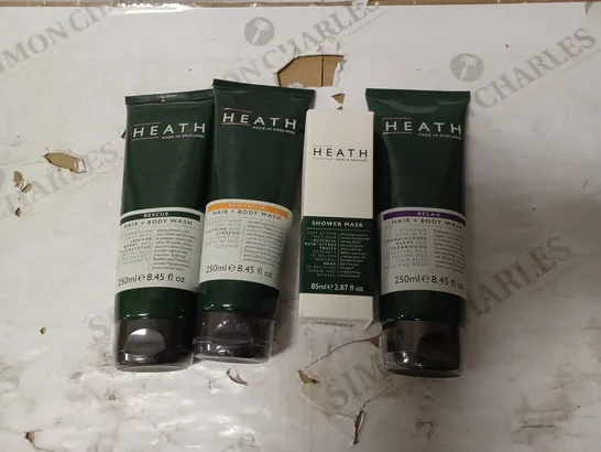 BOX OF 4 HEATH ITEMS TO INCLUDE ASSORTED HAIR+BODY WASH AND SHOWER MASK