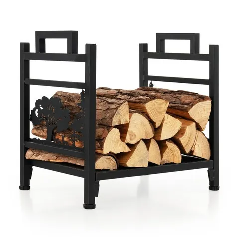 BOXED DECORATIVE FIREWOOD RACK WITH SIDE HANDLES AND ADJUSTABLE FOOTPADS