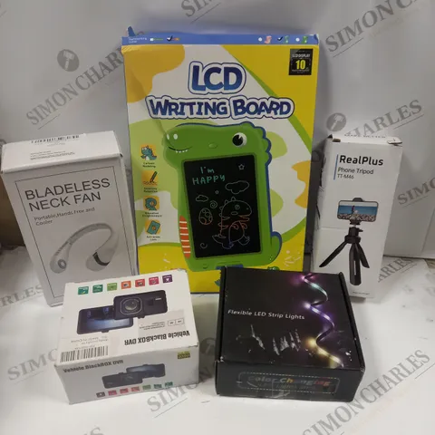 BOX OF 5 ASSORTED ITEMS TO INCLUDE BLADELESS NECK FAN, LCD WRITING BOARD, PHONE TRIPOD, ETC 