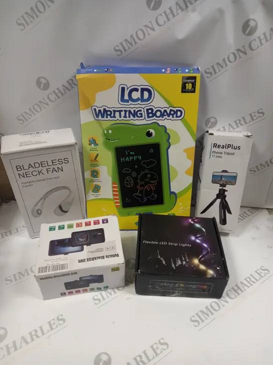 BOX OF 5 ASSORTED ITEMS TO INCLUDE BLADELESS NECK FAN, LCD WRITING BOARD, PHONE TRIPOD, ETC 