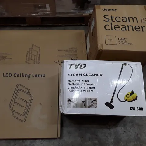 PALLET OF ASSORTED PRODUCTS INCLUDING TOWEL RACK, LED CEILING LAMP, STEAM CLEANER, IRONING BOARD, COFFEE TABLE