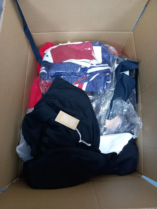 BOX OF ASSORTED CLOTHING ITEMS TOO INCLUDE JUMPERS, SHIRTS AND TROUSERS IN VARIOUS SIZES AND COLOURS   