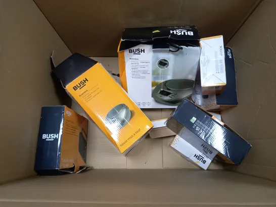 BOX OF APPROX 8 ASSORTED BUSH ITEMS TO INCLUDE - ALARM CLOCK ,BLUETOOTH RADIO , PORTABLE FM/AM RADIO ETC