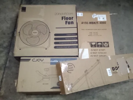 UNPROCESSED PALLET OF ASSORTED HOUSEHOLD GOODS TO INCLUDE ALUMINIUM FRAME WHITE BOARD, 20" FLOOR FAN, AND 42" CEILING FAN