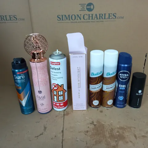 APPROXIMATELY 10 ASSORTED AEROSOLS TO INCLUDE SURE NON-STOP PROTECTION, BEAPHOR DEFEST, AND BATISTE DARK HAIR COLOUR DRY SHAMPOO ETC.