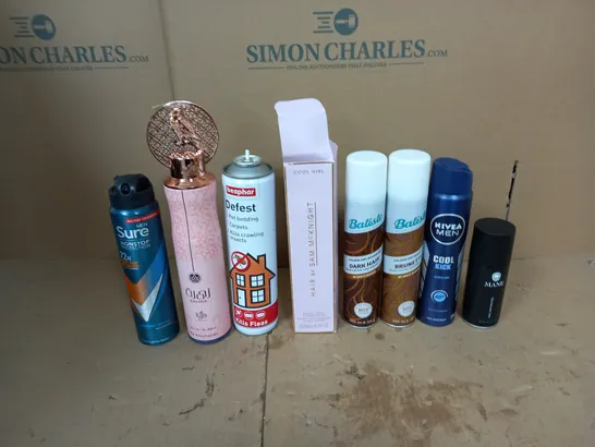 APPROXIMATELY 10 ASSORTED AEROSOLS TO INCLUDE SURE NON-STOP PROTECTION, BEAPHOR DEFEST, AND BATISTE DARK HAIR COLOUR DRY SHAMPOO ETC.