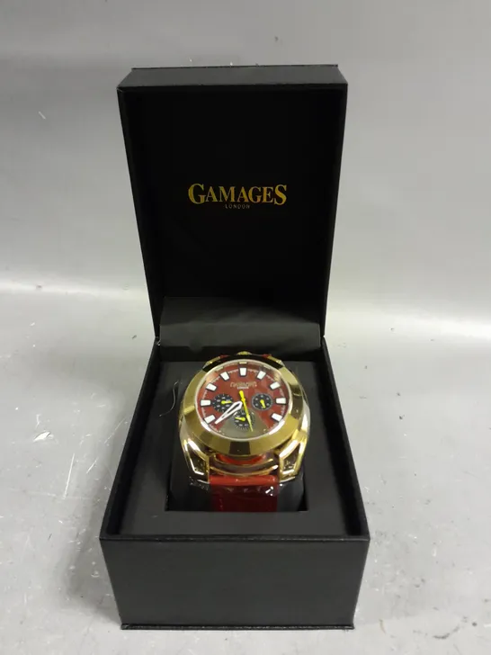 GAMAGES STATURE GOLD CASING RED DIAL WATCH 