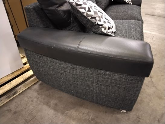 DESIGNER BLACK FAUX LEATHER & GREY FABRIC FIXED THREE SEATER SOFA 