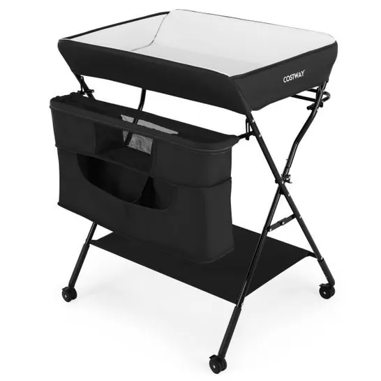 BOXED COSTWAY FOLDING CHANGING TABLE WITH 4-LEVEL ADJUSTABLE HEIGHT AND WHEELS - BLACK