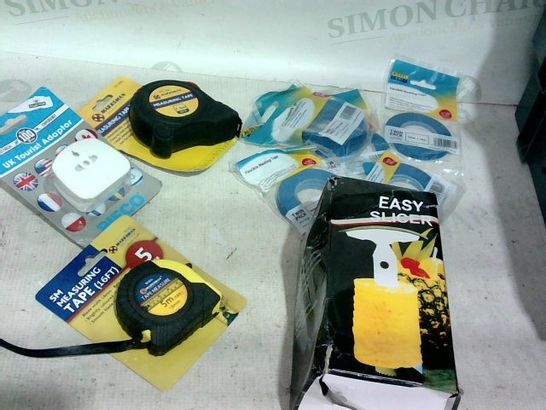 LOT OF APPOX. 25 ITEMS TO INCLUDE: TAPE MEASURE, UK TOURIST ADAPTER, FLEXI MASKING TAPE