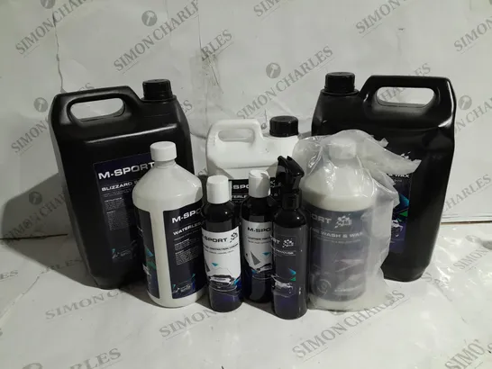 8 ASSORTED M-SPORT VEHICLE CLEANING PRODUCTS TO INCLUDE BLIZZARD SNOW FOAM 5 LITRE, WATERLESS WASH AND MAX 5 LITRE, LEATHER PROTECTION CREAM ETC. 