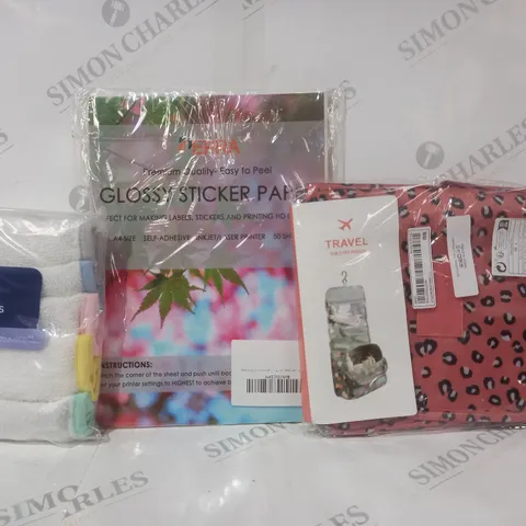 BOX OF APPROXIMATELY 15 ASSORTED HOUSEHOLD ITEMS TO INCLUDE TRAVEL TOILETRY POUCH, GLOSSY STICKER PAPER, 5 PIECE FLANNEL PACK, ETC