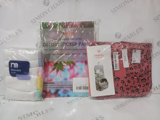 BOX OF APPROXIMATELY 15 ASSORTED HOUSEHOLD ITEMS TO INCLUDE TRAVEL TOILETRY POUCH, GLOSSY STICKER PAPER, 5 PIECE FLANNEL PACK, ETC