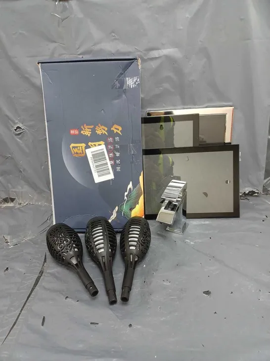 BOX OF APPROXIMATELY 10 ASSORTED ITEMS TO INCLUDE - SET OF 4 OUTDOOR LIGHTS - X3 PICTURE FRAMES - X2 TAPS - ETC