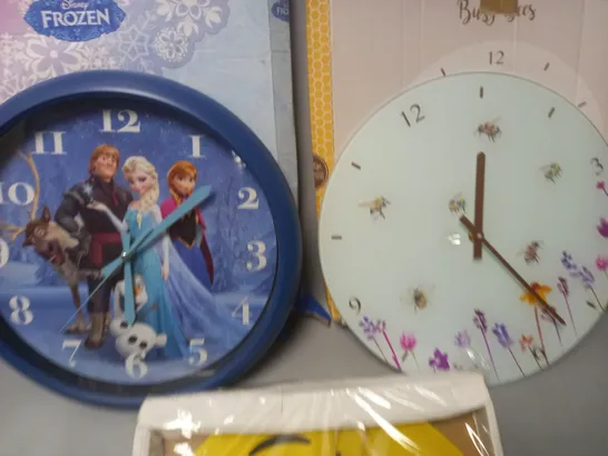 LOT OF 3 ASSORTED WALL CLOCKS INCLUDE SMILEY, FROZEN AND BEE THEMES