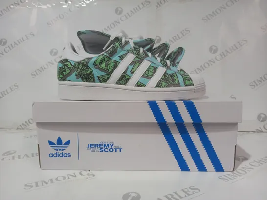 BOXED PAIR OF ADIDAS JS MONEY SUPERSTAR SHOES IN WHITE/BLUE/GREEN UK SIZE 7