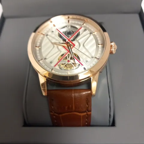 BOXED MENS VONLANTHEN AUTOMATIC WATCH – SILVER AND RED TEXTURED DIAL – ROSE GOLD COLOUR CASE - GLASS EXHIBITION BACKCASE – BROWN LEATHER STRAP