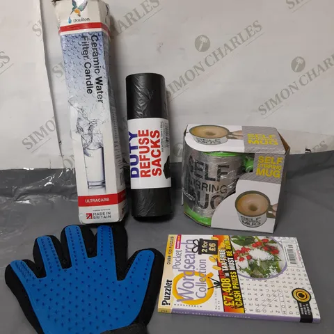 BOX OF APPROXIMATELY 10 ASSORTED ITEMS TO INCLUDE - SELF STIRRING MUG, BIN BAGS, WATER FILTER ETC