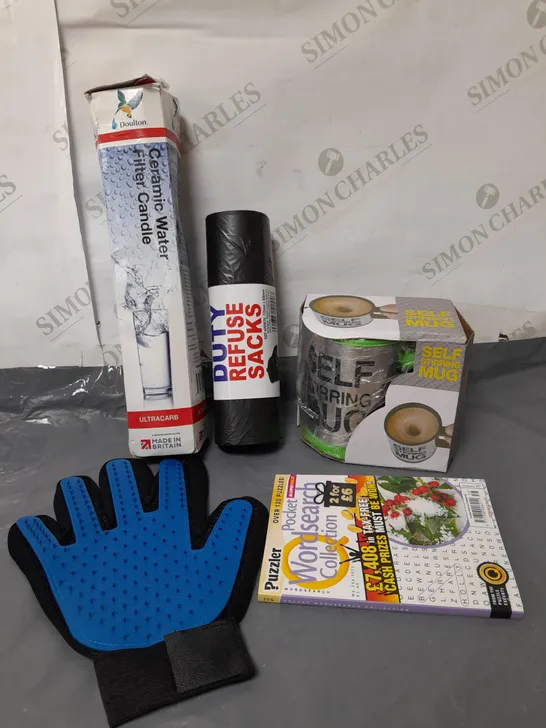 BOX OF APPROXIMATELY 10 ASSORTED ITEMS TO INCLUDE - SELF STIRRING MUG, BIN BAGS, WATER FILTER ETC