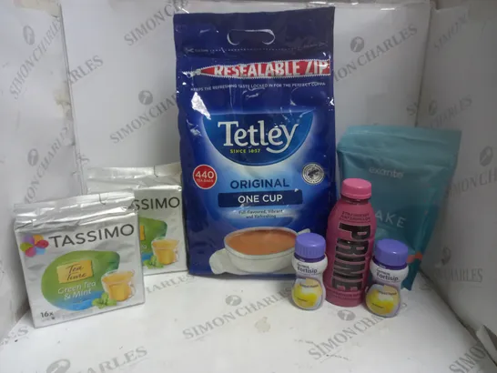 APPROXIMATELY 10 ASSORTED FOOD & DRINK PRODUCTS TO INCLUDE PRIME HYDRATION DRINK, TASSIMO GREEN TEA, TETLEY ORIGINAL 440 TEA BAG PACK ETC 