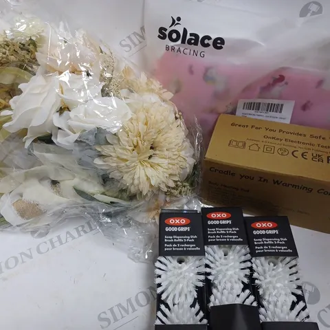 BOX OF APPROXIMATELY 20 ASSORTED ITEMS TO INCLUDE - FAUX FLOWER BOUQUET, BODY HEATING PAD, CHILDRENS SLING AND CLEANING EQUIPMENT