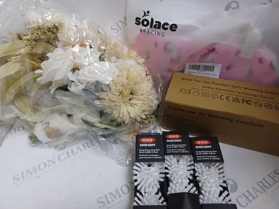 BOX OF APPROXIMATELY 20 ASSORTED ITEMS TO INCLUDE - FAUX FLOWER BOUQUET, BODY HEATING PAD, CHILDRENS SLING AND CLEANING EQUIPMENT