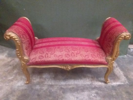 DESIGNER RED FABRIC FLORAL PATTERN WINDOW SEAT WITH PAINTED GOLD DETAIL