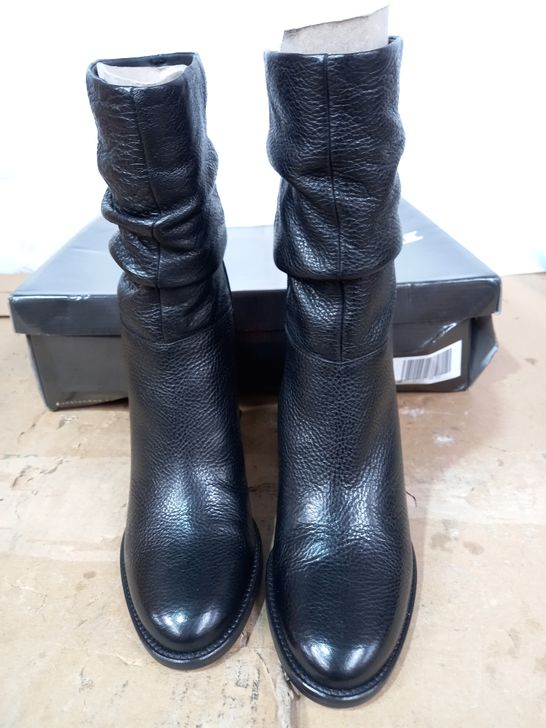 BOXED PAIR OF DUNE "ROSA" SLOUCH HEELED CALF BOOTS IN BLACK LEATHER, UK SIZE 3