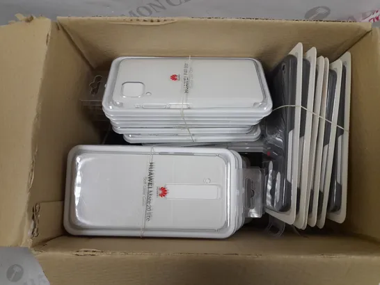 BOX OF APPROXIMATELY 30 HUAWEI PHONE CASES FOR A VARIETY OF MODELS 