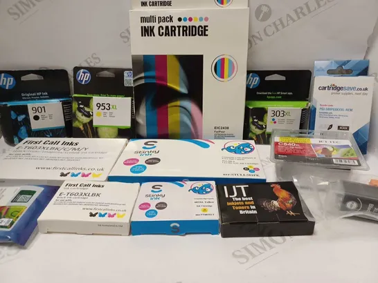 LOT OF APPROX 20 ASSORTED INK CARTRIDGES TO INCLUDE HP 953XL YELLOW, STINKY INK PACK, HP 901 BLACK, ETC