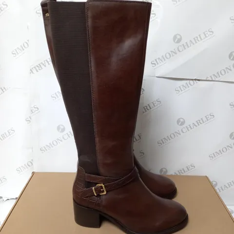 DUNE LONDON LEATHER STRAP DETAIL HIGH LEG BOOT - BROWN - SIZE 7