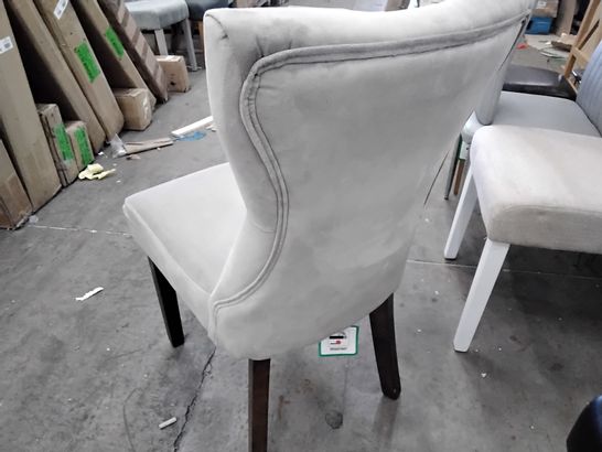 DESIGNER CREAM SOFT FABRIC CHAIR WITH DARK BROWN WOODEN LEGS