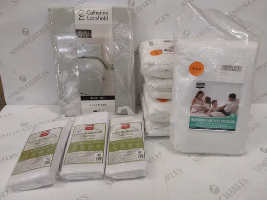 9 BRAND NEW ITEMS TO INCLUDE: CATHERINE LANSFIELD SINGLE DUVET SET, 3 ALOE VERA WATERPROOF AND BREATHABLE PILLOW COVERS AND 5 MATTRESS PROTECTORS