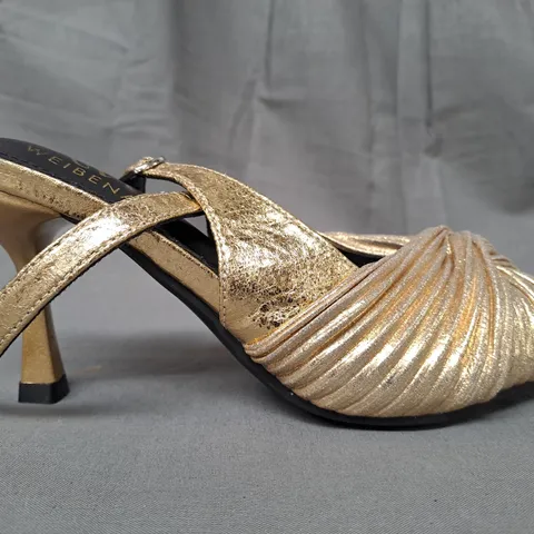 BOXED PAIR OF WEIBENA POINTED TOE HEELED SHOES IN METALLIC GOLD EU SIZE 35