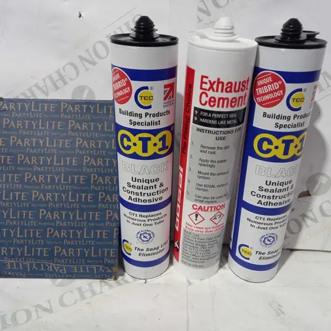 LOT OF APPROXIMATELY 10 ASSORTED HOUSEHOLD ITEMS TO INCLUDE SEALANT & ADHESIVE, EXHAUST CEMENT, PARTY LITE TEALIGHT SET, ETC