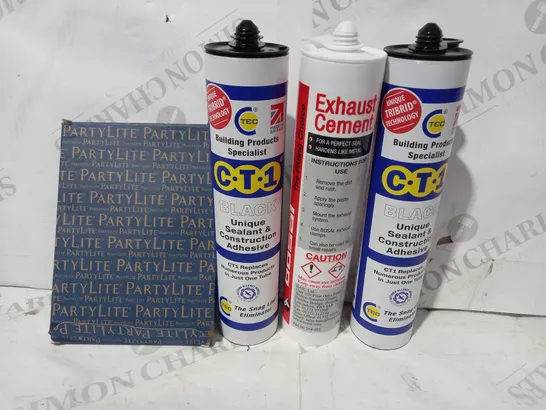 LOT OF APPROXIMATELY 10 ASSORTED HOUSEHOLD ITEMS TO INCLUDE SEALANT & ADHESIVE, EXHAUST CEMENT, PARTY LITE TEALIGHT SET, ETC