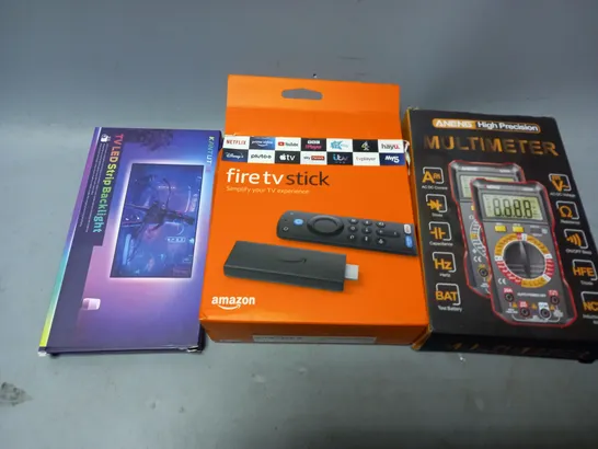 APPROXIMATELY 10 ASSORTED ELECTRICAL PRODUCTS TO INCLUDE FIRE STICK , MULTIMETER , LED LIGHTS , ETC 