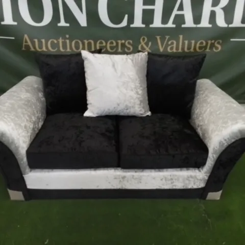 DESIGNER ZULU SILVER AND BLACK CRUSHED VELVET TWO SEATER SOFA