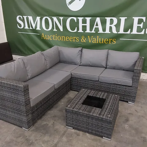 GREY RATTAN CORNER SOFA - MISSING GLASS FROM TABLE (3 ITEMS)