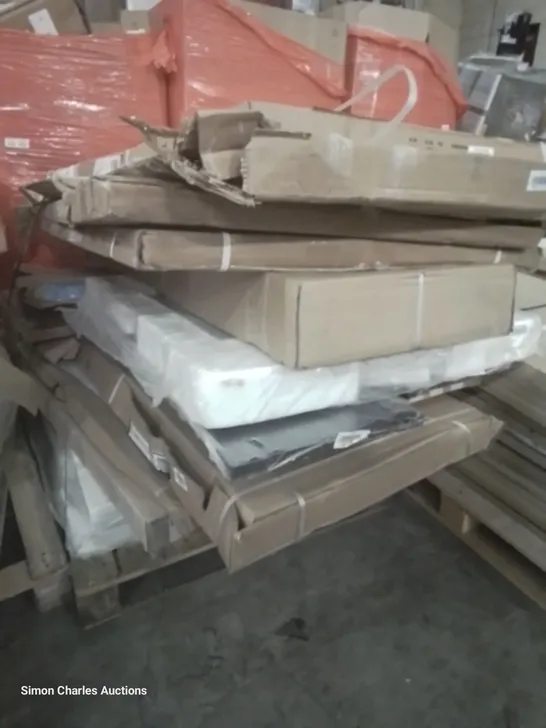 PALLET OF ASSORTED BATHROOM FITTINGS INCLUDING, ONEGA SHOWER GLASS PANEL, BELOYA 90 × 100cm OFFSET QUADRANT SHOWER CUBICLE, SHOWER TRAY, 9FFSET QUADRANT 6 SHOWER CUBICLE.