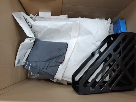 LARGE BOX OF ASSORTED OFFICE EQUIPMENT TOO INCLUDE STORAGE CONTAINERS , PAPER CLIPS , POSTAL BAGS , ETC 