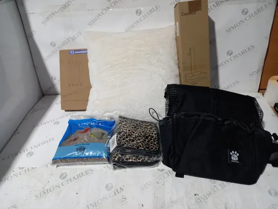 BOX OF ASSORTED HOUSEHOLD ITEMS TO INCLUDE DOG BAG, PILLOW, WALL COAT HANGER, LED CANDLES ETC 