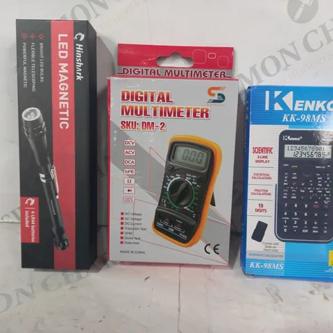 LOT OF APPROXIMATELY 10 ASSORTED HOUSEHOLD ITEMS TO INCLUDE HINSHARK LED MAGNETIC LIGHT, SAMTEK DIGITAL MULTIMETER, KENNO KK-98MS 2-LINE DISPLAY, ETC